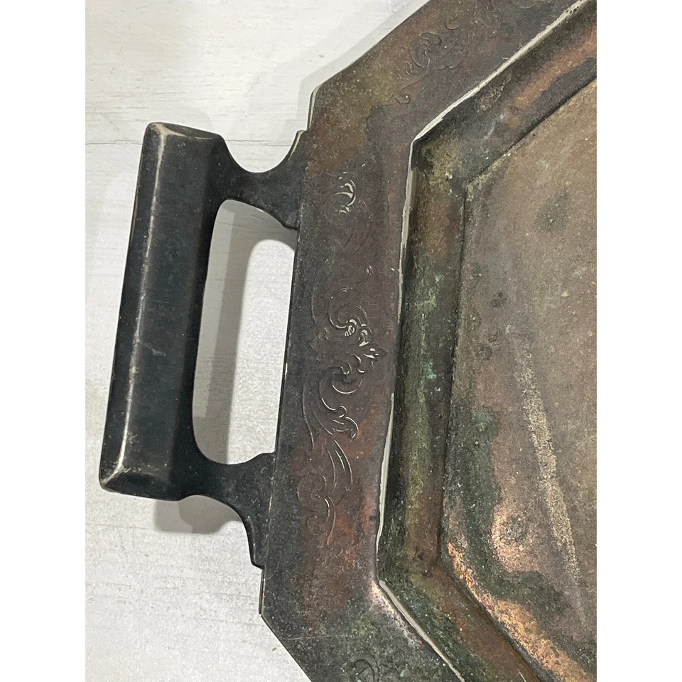 Винтажный восьмиугольный сервировочный поднос с ручками потускневшая металлическая декоративная отделка - Изображение 4 из 4