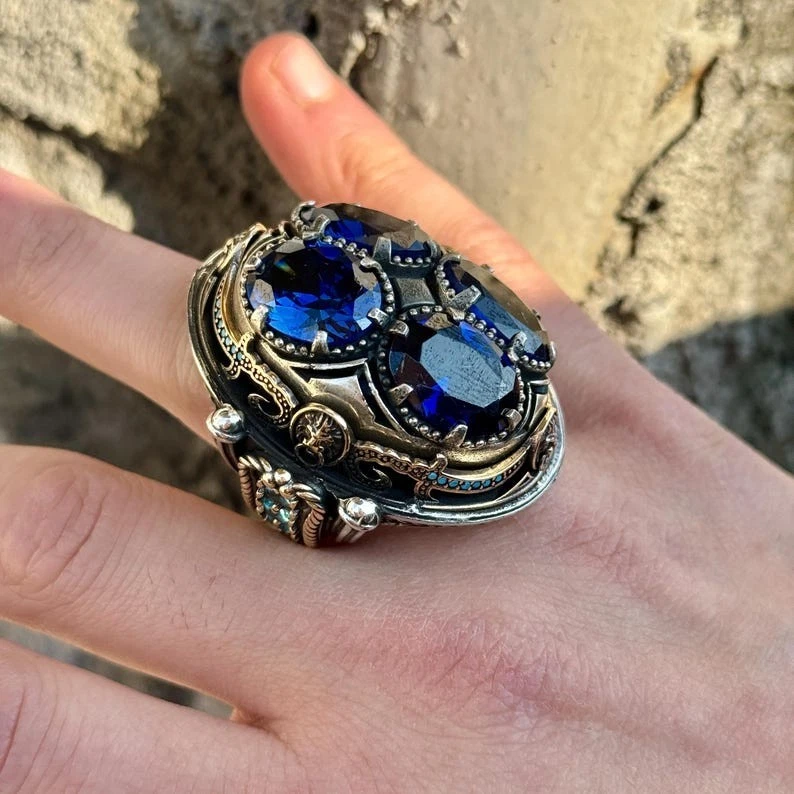 Anillo de zafiro y aguamarina turco hecho a mano con piedra de zafiro oscuro 925 para hombre Foto 4 de 4