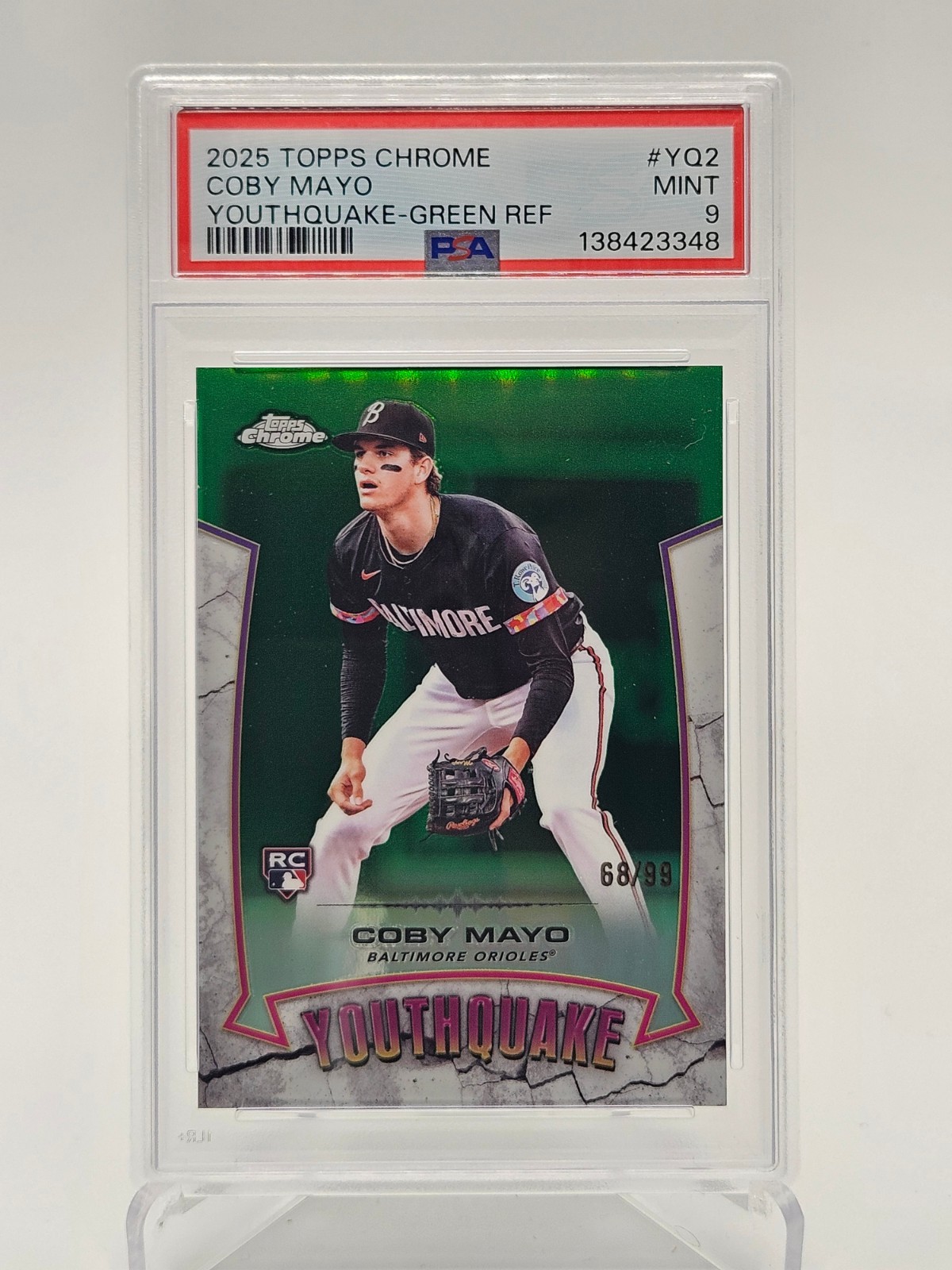 2025 Topps Chrome Coby Mayo #YQ-2 Youthquake Green Refractor /99 (RC) PSA 9
