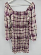 Womens Juniors Fashion Nova Purple Blue Plaid Puff Sleeve Dress Size L