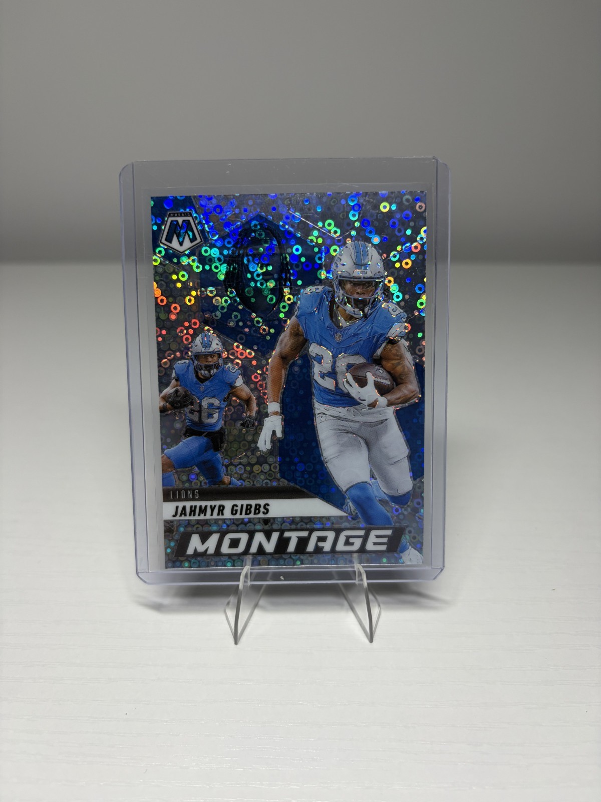 2025 Panini Mosaic Jahmyr Gibbs Montage No Huddle Silver Prizm #15 Lions