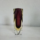 Vintage Murano Faceted Glass Vase Sommerso by Flavio Poli Maroon and Amber 6.5"