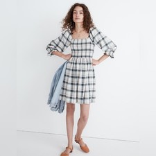 Madewell - Lucie Elbow-Sleeve Smocked Mini Dress in Lebaum Plaid - Size Large