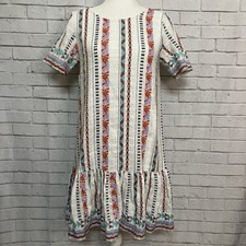 Duet Multicolor White Embroidered Boho Style Dress Medium Ruffles Tie Back