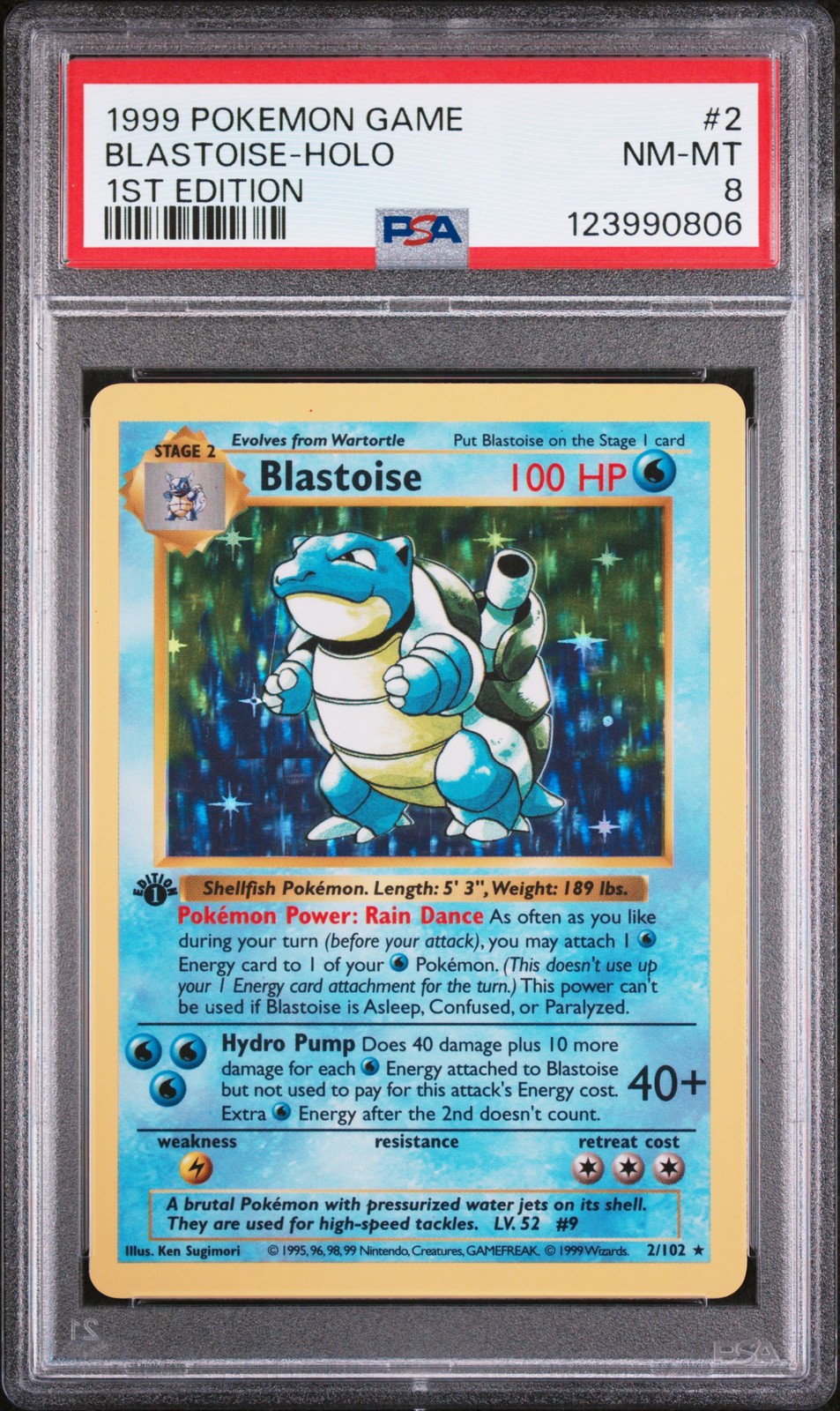 1999 POKEMON BASE SET 1ST EDITION #2 BLASTOISE-HOLO PSA 8