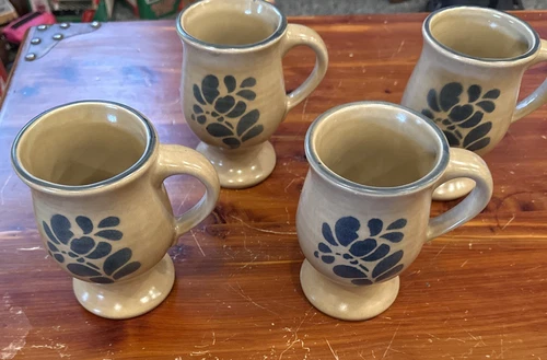 Vintage Pfaltzgraff Folk Art Footed Pedestal Stoneware Coffee Mug 5" Set Of 4