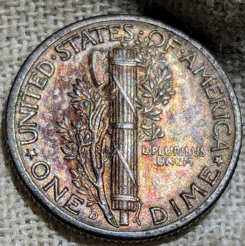 1941 D Mercury Dime AU BU : Rainbow Tone, Almost Uncirculated - .9 Fine Silver