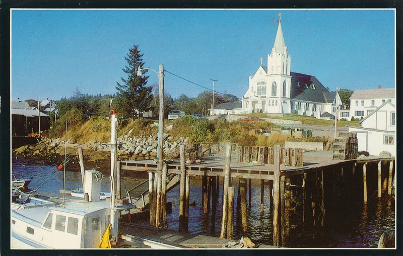 MAINE LOBSTER BOAT MOORED @ DOCK AT HARBOR - chrome postcard