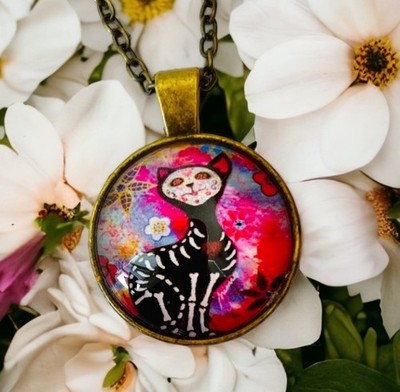 NEW DAY OF THE DEAD SUGAR SKULL CAT HANDMADE PENDANT NECKLACE