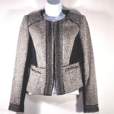 White House Black Market Tweed Jacket Blazer Sz 4P Fringe Embellish Accents