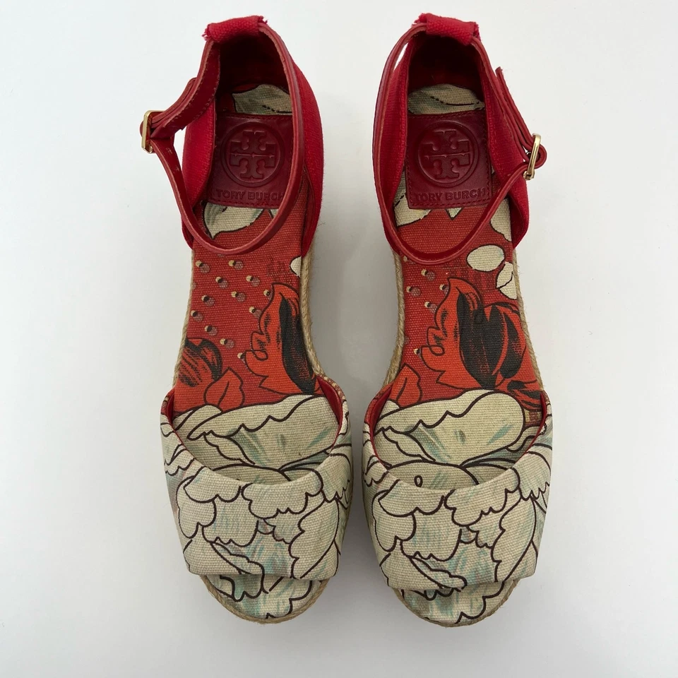 Sandalias Tory Burch Plataforma Cuña Alpargatas Rojo Floral Puntera Abierta | Talla: 8M Foto 3 de 4
