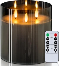Homemory 6X6'' Extra Large Flameless Candle with 3 Wicks, Glass 6"x6", Gray 