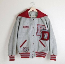 Vintage Grey  Burgundy Hooded Letterman Jacket w/ Indians Chenille Patch Sz 44