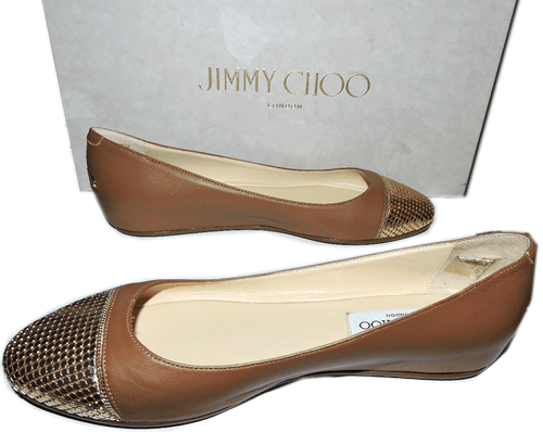 Jimmy Choo Flats Waine Gold Chain Cap Toe Ballet Tan Leather Ballerina  Shoes 35 - Picture 3 of 6