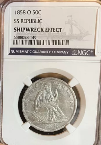 1858-O SS Republic NGC Shipwreck Effect! Seated Liberty Half Dollar