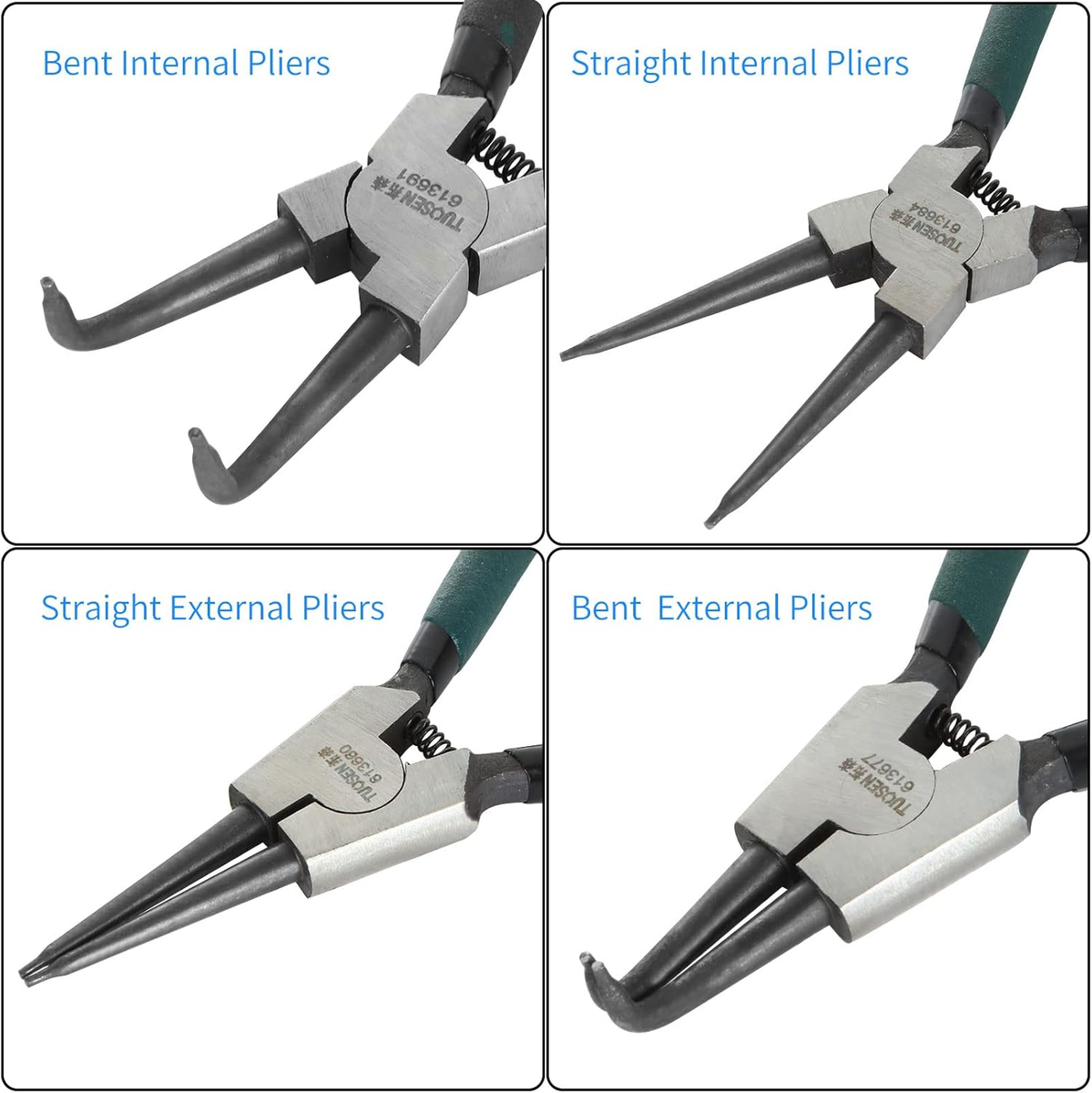 Snap Ring Pliers 4-Piece Set, 7-Inch Circlip Pliers, Straight & Curved Tips, Comfortable Grip