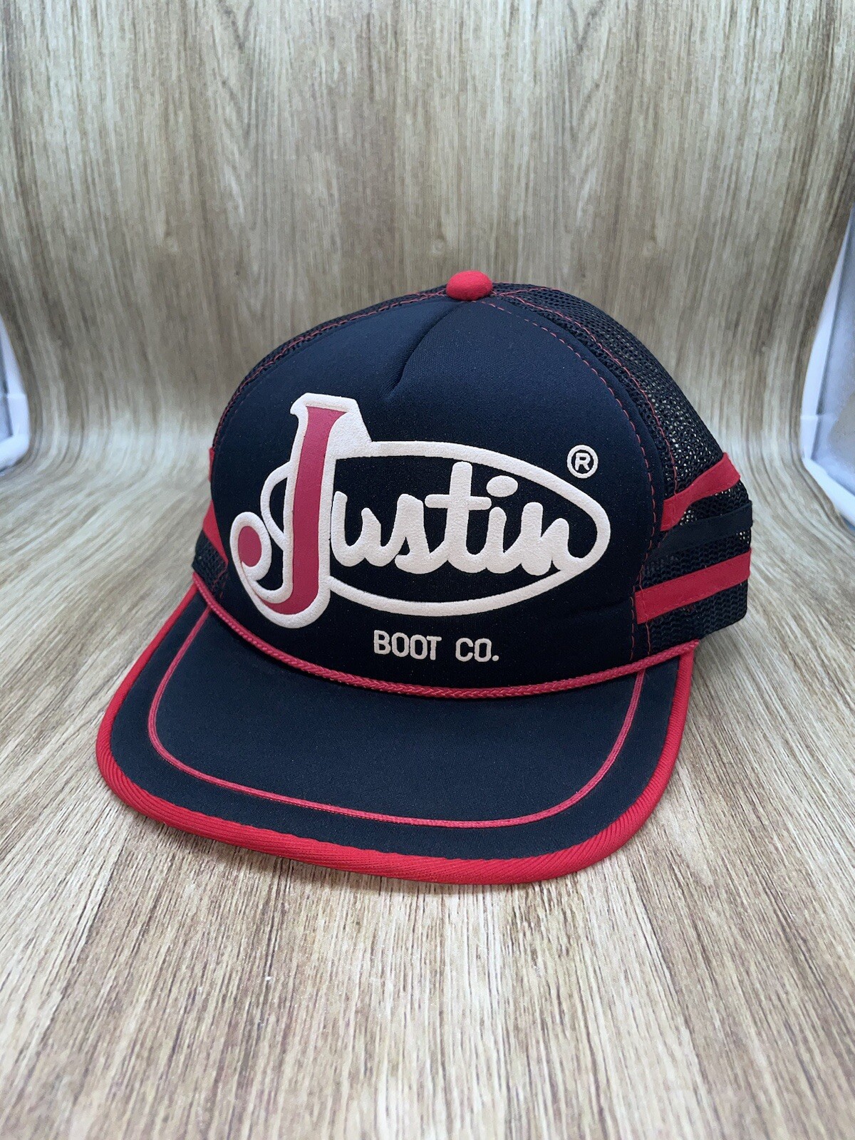 Vintage Justin Boots 3 Stripe Foam Mesh Snapback Trucker Cap Western Wear
