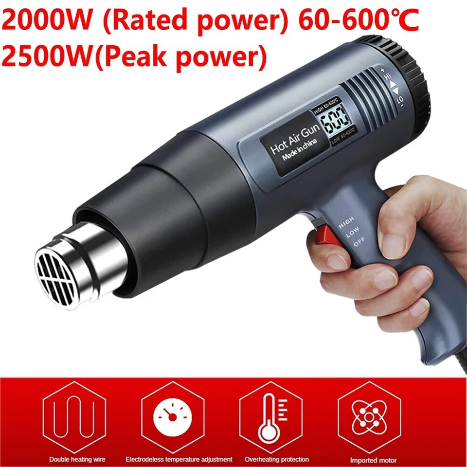 2500W Heat Gun Electric Hot Air Gun Dual Temperature LCD Display 4 Nozzles Tool - Image 4 of 4
