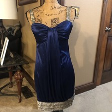 B. Darlin Royal Blue Silver Sequined Hem & Straps Waterfall Neckline Jr. Sz 5/6