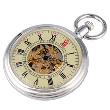 Classic Men's Mechanical Pocket Watch Open Face Skeleton Dial Pendant Chain Gift