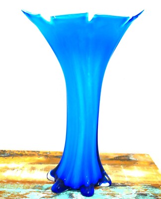 Vintage STUNNING MCM 1950's VIMAX Italy Blue Glass Stretched Viking Swung Vase