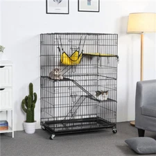 48" Folding Metal Pet Cat Kennel Cage Crate Playpen w/ Free Hammock Bed Black