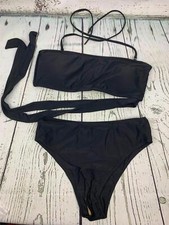 Women Bandeau Tie Waist High Waisted Two Pieces Bikini Set Swimsuit Medium Black