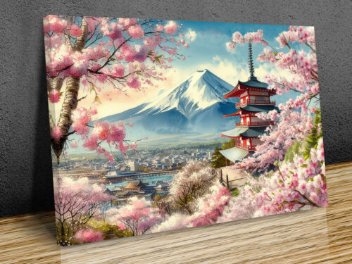 Mount Fuji The Chureito Pagoda watercolour mounted canvas print - Picture 1 of 52