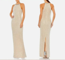 MAC DUGGAL 93742  BEADED HIGH NECK COLUMN NUDE SILVER GOWN  sz 6