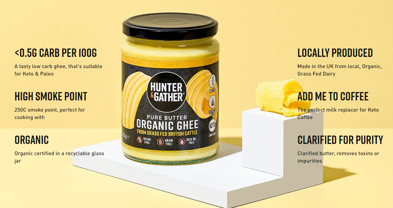 HUNTER & GATHER Organic British Grass Fed GHEE -Pure Clarified Butter 450g