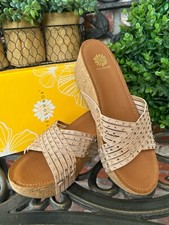 Yellow Box Sophia Cork Wedge Sandals; Blush Fabric Straps W/Rhinestones; Sz 9