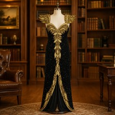 Anjuman Vintage Black Silk Beaded Evening Dress, 1980s/90s Gold Embellished Form