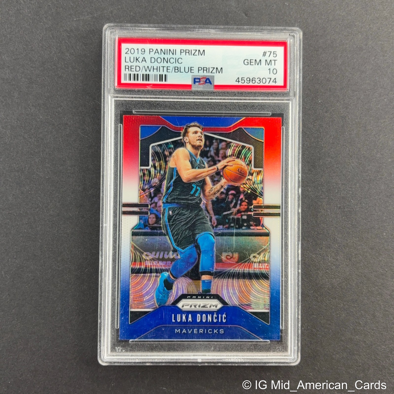 2019-20 Panini Prizm #75 Luka Doncic Red White & Blue Prizm Mavericks PSA 10 GEM