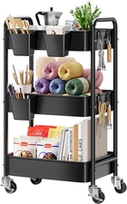 3 Tier Rolling Cart Metal with Wheels, Black Three Tiered Art Cart Organizer on 