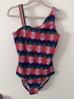 Hanna Andersson Rainbow Strawberry Stripe Asymmetrical One Piece Bathing Suit 12