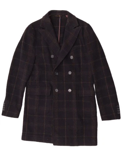 Enrico Coveri Mens Double Breasted Coat IT 50 Large Navy Blue Check Wool DG15 - product listing photo