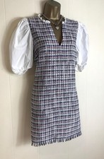 ZARA STUNNING WHITE & BLUE RED KNITTED WHITE SLEEVE FRAYED DRESS SIZE M