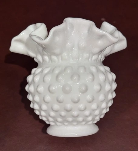 Vintage Fenton Hobnail milk glass vase with a ruffled Edge