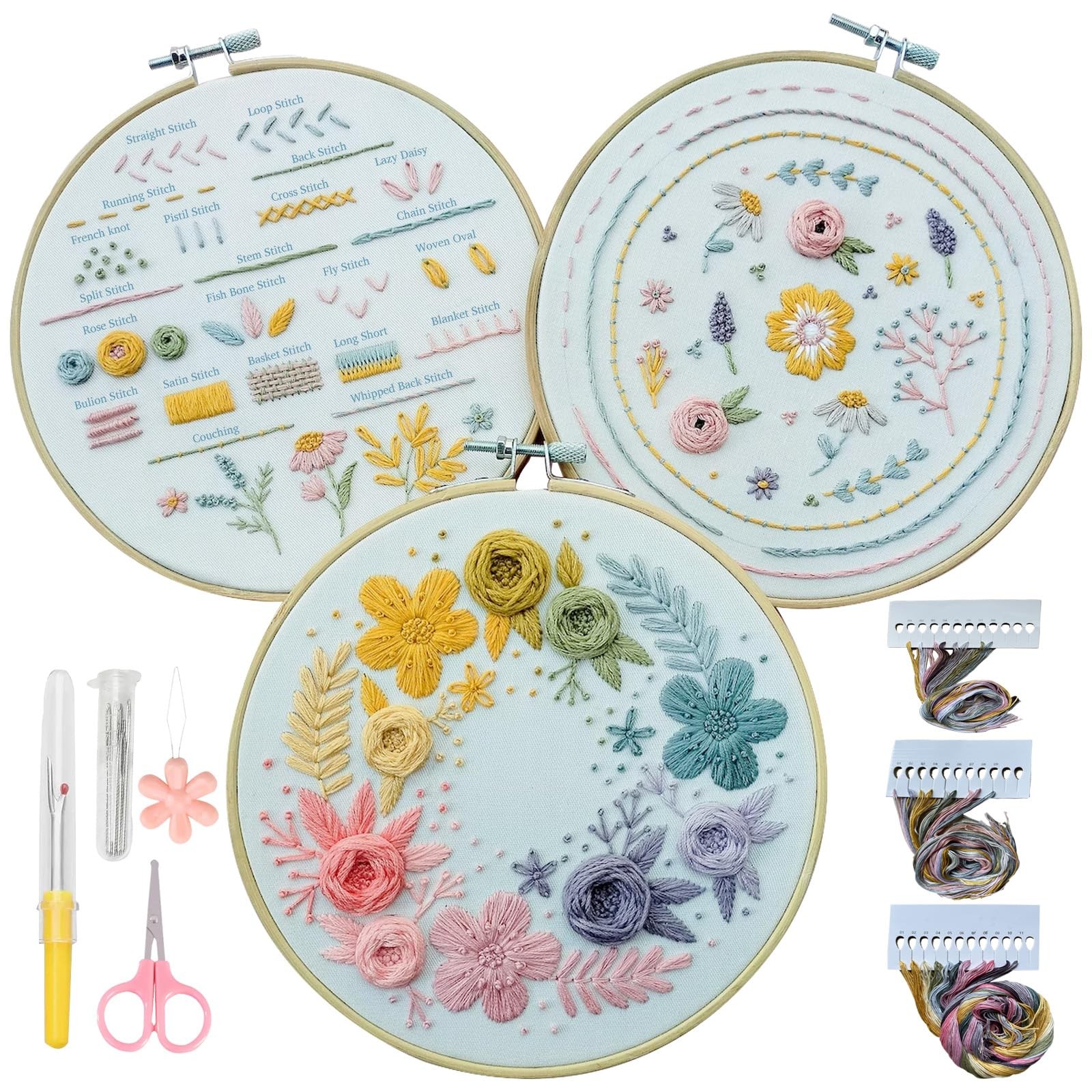 Kit,3 Pack Embroidery Kit For Beginners With Step By Step Le