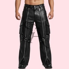 Men's Black Gothic Cargo Leather Pants Genuine Lambskin Leather Buckle Strap Bik