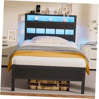  Twin Bed Frames with Charging Station and LED Lights, Twin Size Platform Bed 