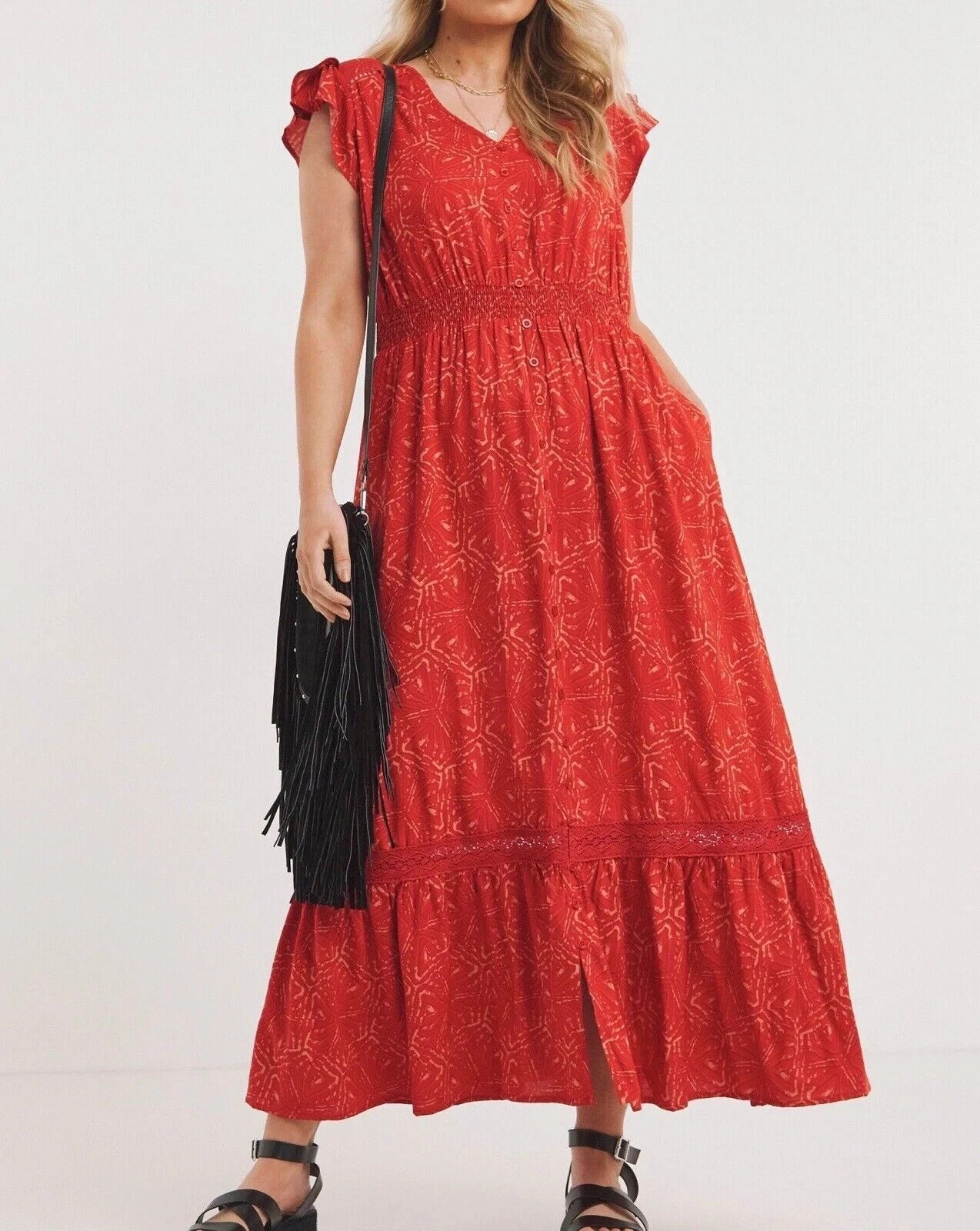 JOE BROWNS VINTAGE STYLE RED/ PRINT BUTTON FRONT MAXI TEA DRESS Sz 16 RRP £65 - Picture 1 of 11