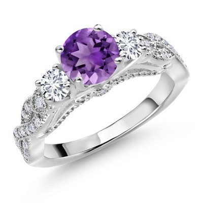 1.47 Cttw Amethyst White Lab Grown Diamond and White Moissanite Engagement Ring