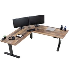 VIVO Electric Stand Up Corner Desk, Reclaimed Wood Table Tops, Black Frame
