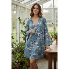 Lavender Brown Floral Shift Dress Women Blue Purple V-Neck Long Sleeve Small