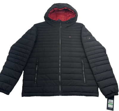New TOMMY HILFIGER Men's Large Black Full Zip Insulated Hooded Puffer Jacket