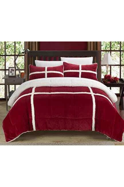$182 CHIC HOME Bedding Comforter Set Camille Box Queen Shearling Lined Red Set - Image 4 of 4