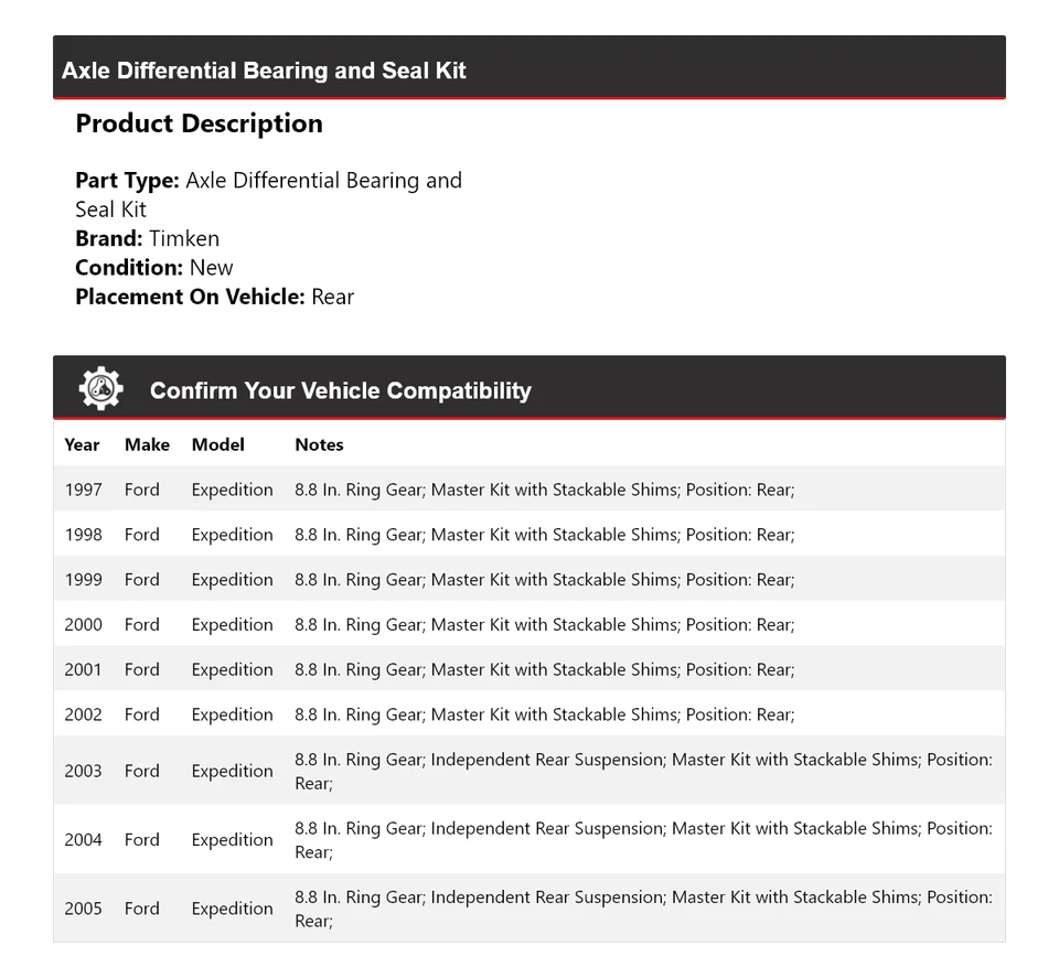 For 1997-2005 Ford Expedition Axle Differential Bearing and Seal Kit Rear Timken - Image 2 of 3