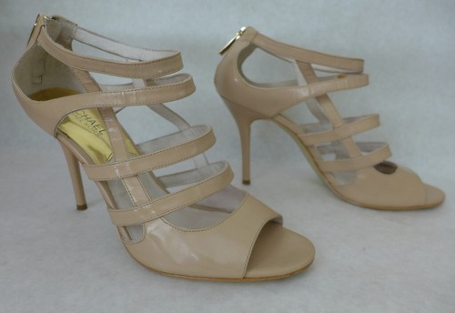 MICHAEL KORS Patent Tan Leather Open Toe Back Zip Caged Sandal Heels Shoes 8.5M - Picture 3 of 15