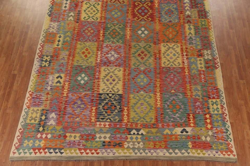 Geometric Kilim Reversible Oriental Area Rug 10'x13' Wool Hand Woven Tribal Rug - Image 4 of 4